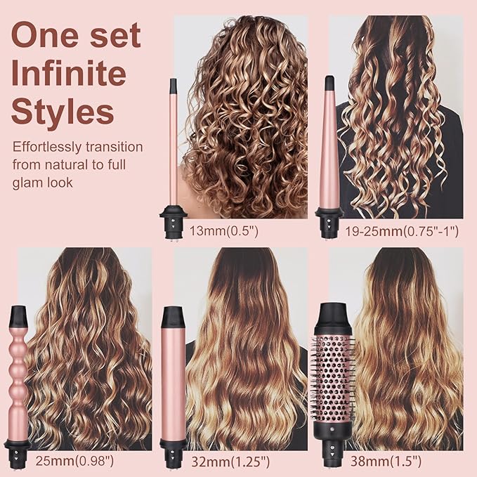 5 in 1 Curling Iron Brush Set with Thermal Brush and 4 Interchangeable Ceramic Curling Wand(0.5”-1.25”), Fast Heating, Dual Voltage, Include Glove