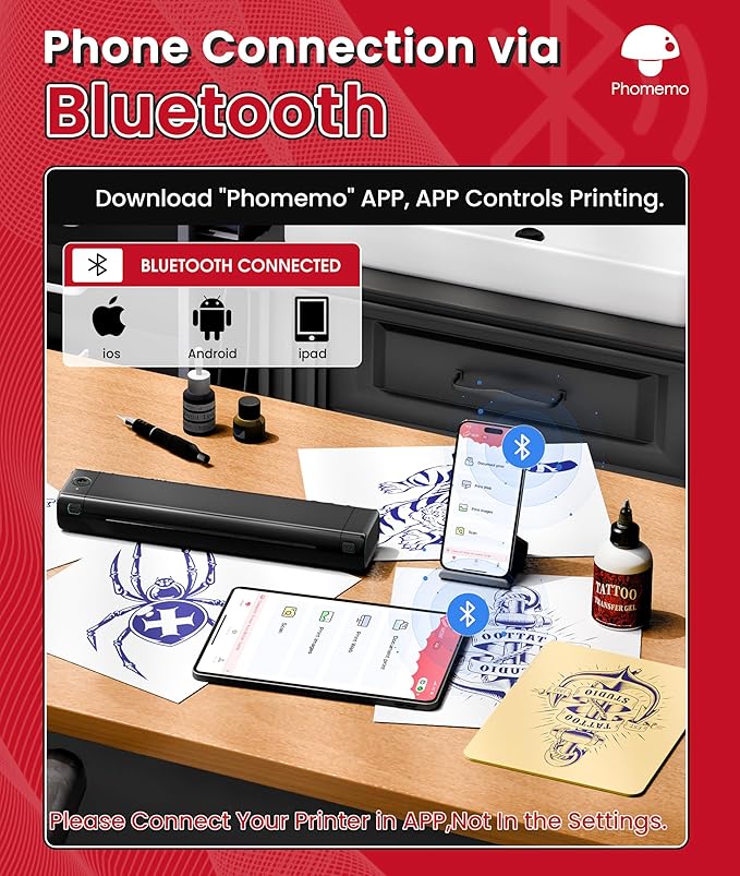 Phomemo Bluetooth Tattoo Stencil Printer, Wireless M08F Tattoo Machine with 10pcs Free Transfer Paper, Thermal Portable Printer for Artists & Beginners, Compatible with Phone, Tablet & PC, Black