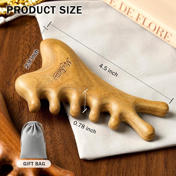 MoyRetty Green Sandalwood Gua Sha Facial Tool(4-in-1), Natural Wooden Face & Body GuashaMassager, Lymphatic Drainage Massage Comb with Storage Pouch, Jawline Shaper