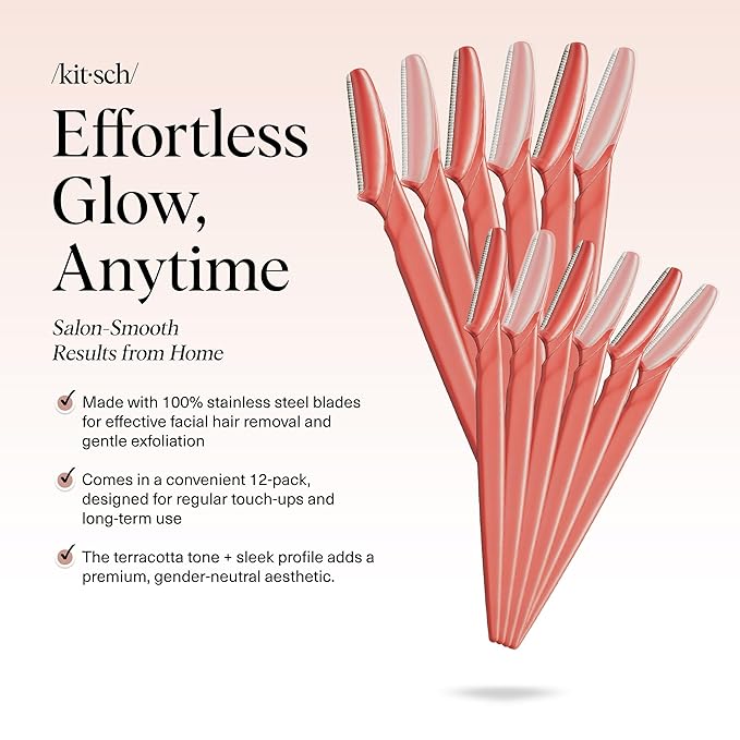 Kitsch Dermaplane Razor for Women Face - Face Razors for Women and Men - Eyebrow Trimmer, Shaver, Recycled Plastic Dermaplaning and Skin Care Tool - Coral, 12 pcs