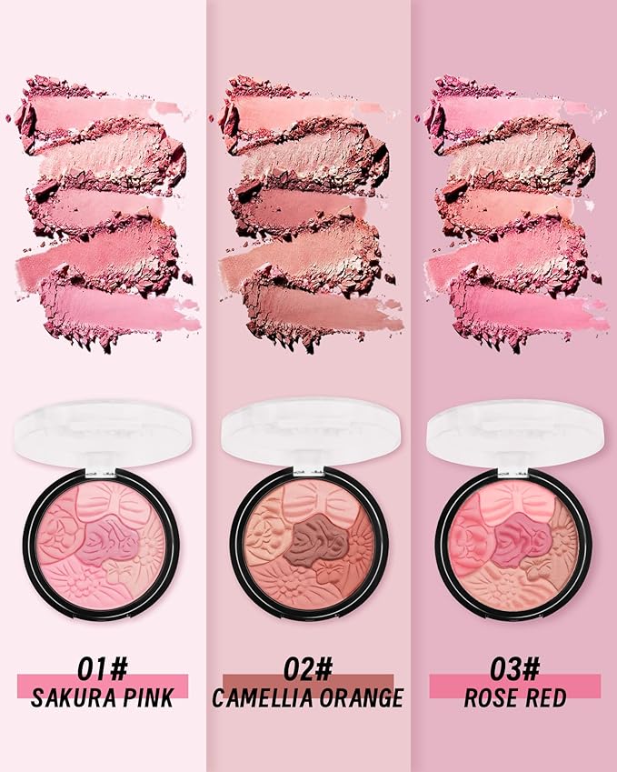 Flower Blush for Cheeks, Matte Shimmer Face Blush Powder, Eyeshadow Contour Multiuse Facial Make up Palette,Long Lasting Waterproof Embossed Blusher,Mother's Day Makeup Gift for Women-03#Rose Red