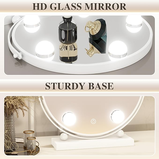 13 Inch Hollywood Vanity Mirror with Lights, Round Make Up Mirror with Lighting, LED Makeup Mirror with 5 Dimmable Bulbs for Bedroom Tabletop, Smart Touch Control, 360° Rotation