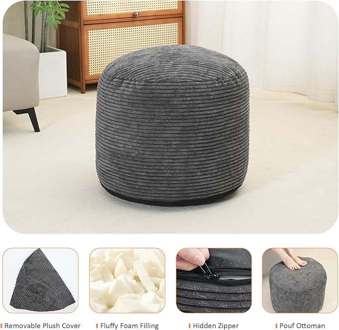 Pouf Ottoman Stuffed Round Modern Foam Filled Foot Rest Corduroy Poufs for Living Room Chair Decorative 20 X 15 Inches Fluffy Pouf Foot Stool Storage Ottoman, Dark Grey