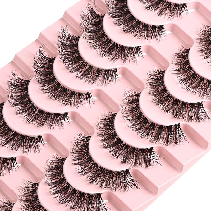 FARRED Cat Eye Lashes Natural Fake Strip Eyelashes Invisible Band Mink Eyelash Strips Wispy Full Volume False Lash Pack 10 Pairs 8-14 mm Short Demi Wispies Pestañas Postizas that Looks Like Extensions