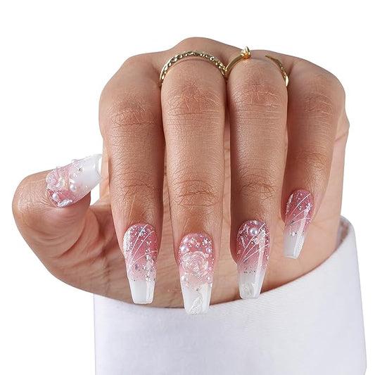 Large-Rose Quartz Elegance Fake Nails Press-On Manicure Kit for Women | French Tip 10 Nails | Nail Glue, Dual Nail File, Cuticle Stick, Buffer Block | Measure Before Ordering