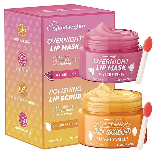 Mango, Vanilla & Watermelon Duo Lip Mask & Scrub - Dermatologist Tested, Anti-Aging, Korean Skin Care, Deep Hydration - Smooth, Soft & Plump Lips - Clean Beauty, Vegan, Non-GMO - 1 Pack