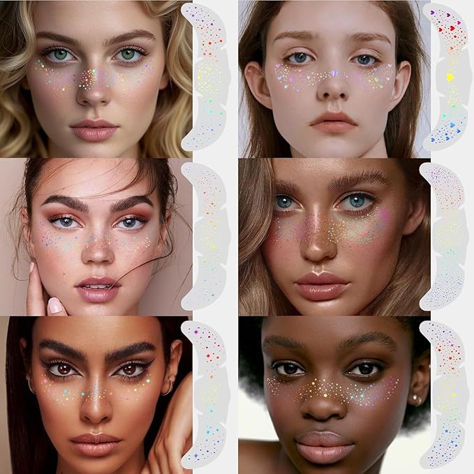 8Pcs Chameleon Glitter Freckles Face Tattoo, Holographic Multichrome Waterproof Face Glitter Speckles Patches, Long Lasting Temporary Tattoos Sticker Makeup for Festive Rave Accessories01