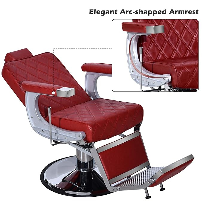 BarberPub Heavy Duty Metal Vintage Barber Chair All Purpose Hydraulic Recline Salon Beauty Spa Shampoo Equipment 3825 (Red with Red Stitches)