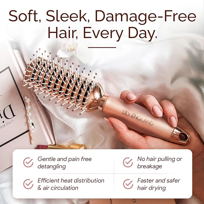 Lily England Vented Hair Brush for Blow Drying - Easy Detangling Hairbrush for Women for Fine, Thick, Curly Hair with Non-Slip Gel Handle - Static Free Vent Hair Brushes for Faster Drying, Rose Gold