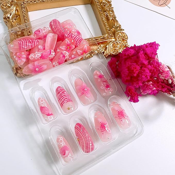 30Pcs Pink Press on Nails Medium Almond Summer French Tip Fake Nails with 3D Conch Starfish Designs Cute Flower Acrylic Nail Ocean Style False Nail Pearl Gold Beads Rhinestone Glue on Nails for Women