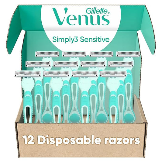 Gillette Venus Simply 3 Sensitive Disposable Razors, Sensitive Skin, 3 Bladed Razors, Pivoting Head for Incredible Comfort, Soft Grip Handle, 12 Count