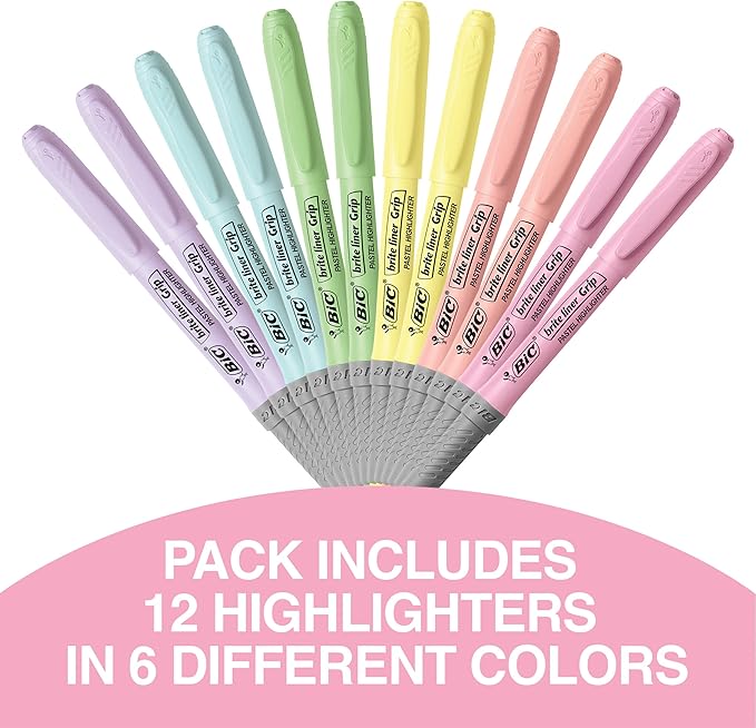 BIC Brite Liner Grip Pastel Highlighter Set, Chisel Tip, 12-Count Pack of Pastel Highlighters in Assorted Colors, Cute Highlighters for Bullet Journaling, Note Taking and More