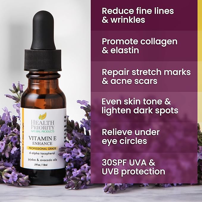 Health Priority Naturals|Vitamin E Oil - for Face/Hair - Organic, Handmade, Non-GMO, Gluten-Free, Vegan - For Scars, Wrinkles, Stretch Marks - Scented, 15,000 IU, 0.5 Fl Oz