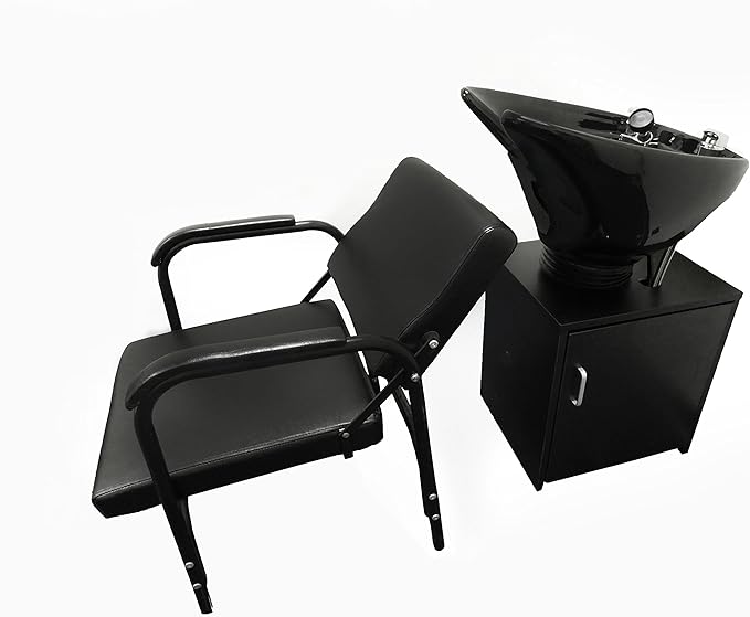 Tilting Shampoo Bowl Black Ceramic on Cabinet With Reclining Shampoo Chair TLC-B35-TC-216