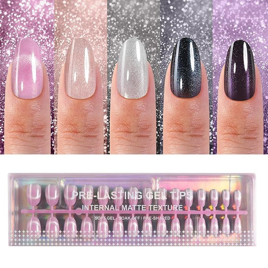 150Pcs Cat Eye Press on Nails, Plauva Short Oval Fake Nails, Glossy Glitter Cat Eye Nail Tips, Soft Gel Stick On Nails for Women and Girls 15 Sizes