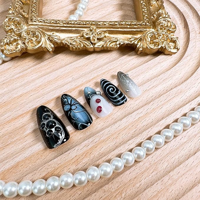 24pcs Halloween Press on Nails Medium Almond Fake Nails with 3D Spider Designs Spider Web False Nails French Tip Acrylic Nail Full Cover Glue on Nails for Women Holiday Nail Decoration