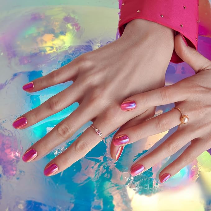 KISS colorFX by imPRESS Press On Nails , ‘Around You’, Solid Pink with Pearlescent Finish, Short Oval, IMPROVED adhesive, Includes 30 Fake Nails, Prep Pad, 1 Manicure Stick, 1 Mini Nail File