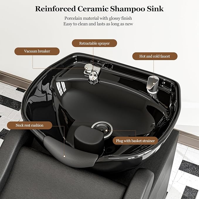 Paddie Shampoo Chair and Bowl Set of 2 for Salon, Backwash Shampoo Station Sink with Ceramic Bowl and Foot Stool, Barbershop Spa Equipment