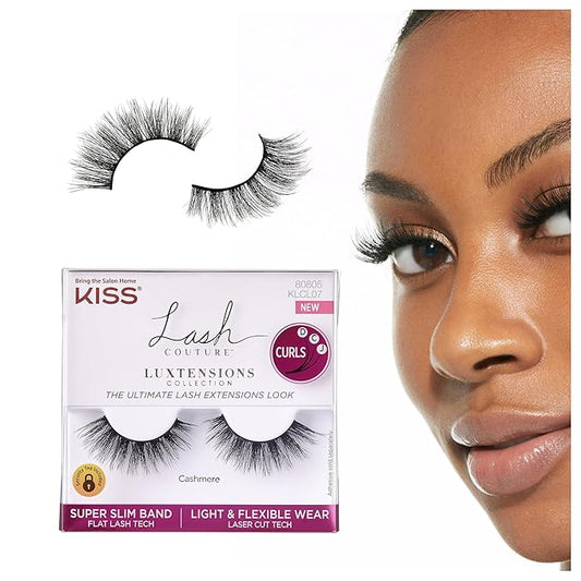KISS Lash Couture LuXtensions Collection False Eyelashes, Flat Lash Technology, Super Slim Lash Band, Real Lash Extension Fibers, Reusable, Contact Lens Friendly Strip Lashes, Style 'Cashmere', 1 Pair