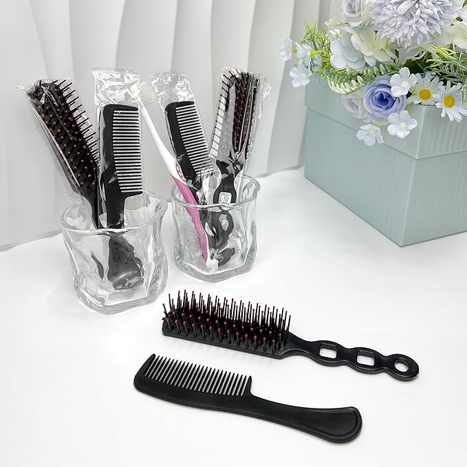 50pcs Hair Comb and Brush Set for Homeless, Light weight Black Hair Brushes Bulk Combs Individually Wrapped for Women Kids Wet Dry Curly and Straight Hair, Hotel Travel Shelter Nursing