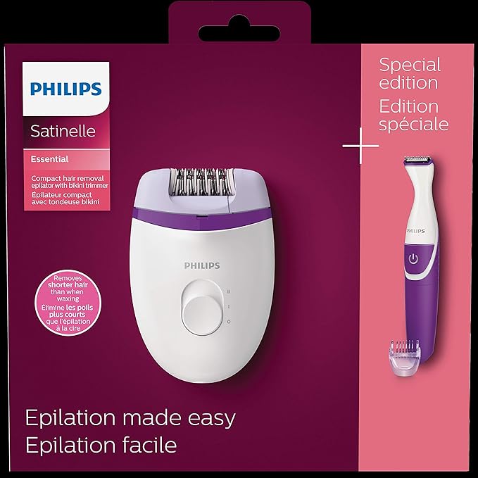 Philips Satinelle Essential Corded Compact epilator Incl. Bikini Trimmer, Brp505/00, 1 Count