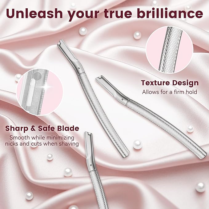 Eyebrow Razor and Face Razor for Women, Reusable Metal Handle with 12 Refill Blades and Protective Silicone Cap, Eyebrow Hair Trimmer - Silver