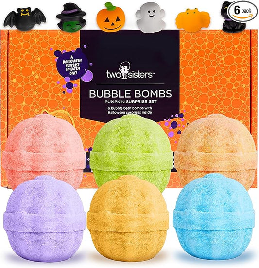 Halloween Bath Bomb for Kids with Surprise Toys Inside (6 Pack) - Large Pumpkin Spooky Bombs for Boys & Girls – Made in USA, Boo Basket Stuffers for Teens by Two Sisters