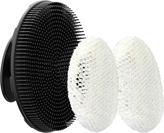 INNERNEED Food-Grade Soft Silicone Body Scrubber Shower Brush Handheld Cleansing Skin Brush, with Exfoliating Net Sponge Case (Black Brush)