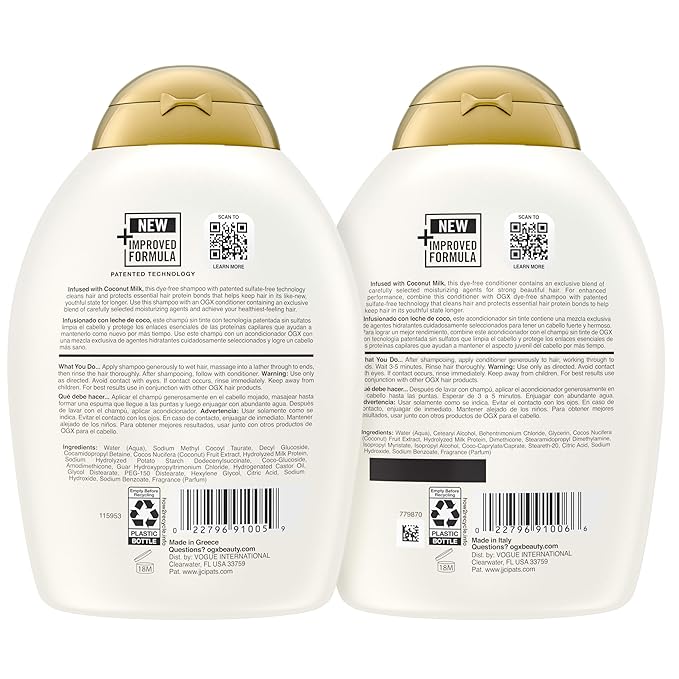 OGX Nourishing + Coconut Milk Sulfate Free Shampoo and Conditioner Set, Hydrates & Softens Hair, Lipi Pro Shield Technology, Creamy Coconut Milk White Peach & Shea Butter Scent, 2 Items, 2 x 13 fl oz
