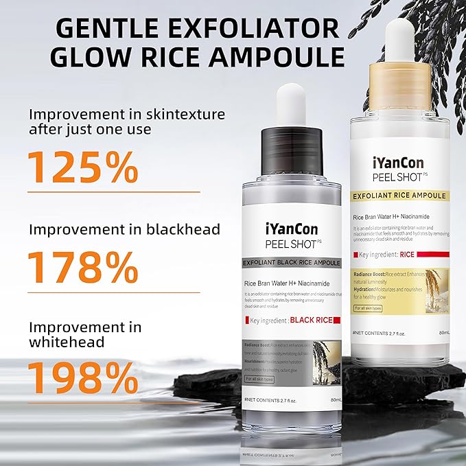 Rice Ampoule Peel Shot Glow (2 PCS) - White & Black Rice Gentle Exfoliating Serum for Radiant, Smooth Skin, 80ml