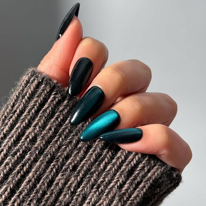 IMRAIN Cat's Eye Press on Nails Medium Almond Fake Nails Dark Blue Glossy Glue on Nails Full Cover Acrylic False Nails Stick on Nails Stiletto Artificial Nail Supplies for Women Girls 24Pcs