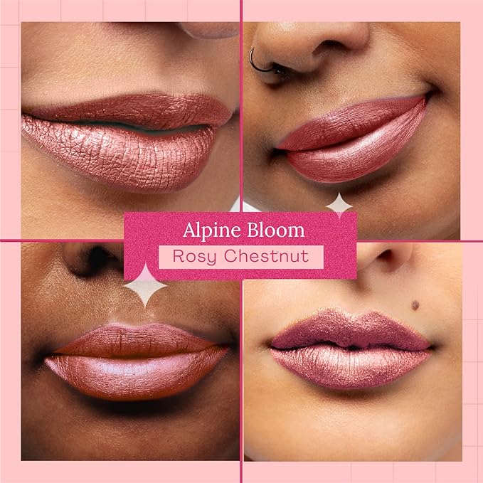 Aromi Metallic Liquid Lipstick | Rosy Chestnut Lip Color with Shimmery Finish, Vegan, Pink Nude Shade, Long-lasting, Waterproof (Alpine Bloom)