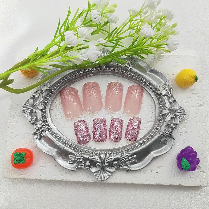 Press on Nails Medium Square Fake Nails with Glitter Sequins Designs Gradient Nails Press ons Glossy Glue on Nails Daily Wear Simple Acrylic Nails Purple False Nails Stick on Nails for Women 24Pcs
