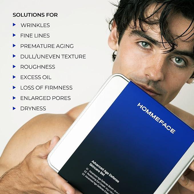 HOMMEFACE Men’s Advanced Age Defense 3-Piece Anti-Aging Skincare Set - Facial Serum, Eye Cream & Face Cream - Korean Skincare Technology with Volufiline, Ceramide, Hyaluronic Acid & Peptides