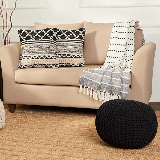 REDEARTH Round Pouf Foot Stool Ottoman - Hand Knitted Bean Bag - Cord Boho Pouffe - Cable Poof Footrest for Living Room - Nursery - Bedroom - Patio - 100% Cotton - Home Decor (19.5"x19.5"x14") - Black