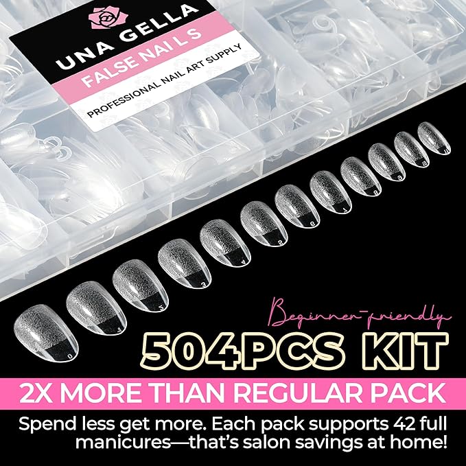 UNA GELLA Short Oval Almond Fake Nails 504pcs Press on Nails Pre-shape Short Almond Round Gel Nail Tips for Full Cover Acrylic False Nails For Nail Extension Home DIY Salon 12 Sizes False Gelly Tips