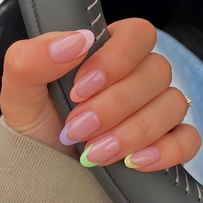 24 Pcs Colorful French Tip Press on Nails Short Oval, Acrylic Fake Nails Press ons with Glue, Short Almond Acrylic Natural Nude Glue on Nails for Women, 15 Sizes