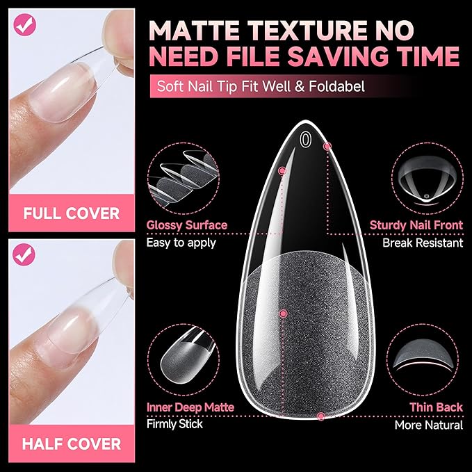 UNA GELLA Medium Stiletto Gel Nail Tips Halloween Full Cover 216Pcs Almond Shape Nails Tips Stiletto Pre etched Soft Gel Nails Tips Clear Fake False Nail Tips For Home Art Salon 12 Sizes