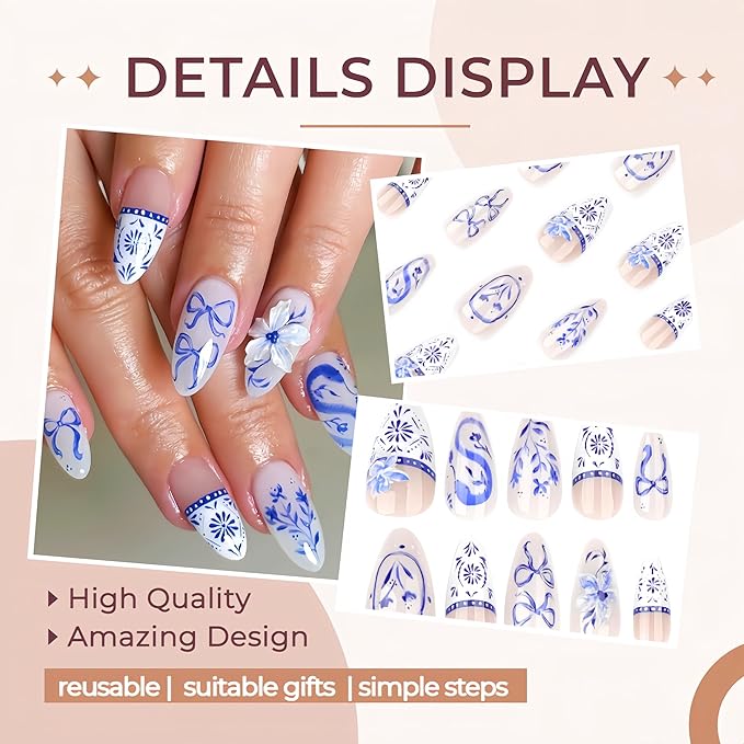 Blue White Totem Press on Nails French Tip Fake Nails Medium Almond False Nails with Design Bow Glue on Nails 3D Embossed Flowers Snake Stick on Nails Handmade False Nails for Women Acrylic Nails