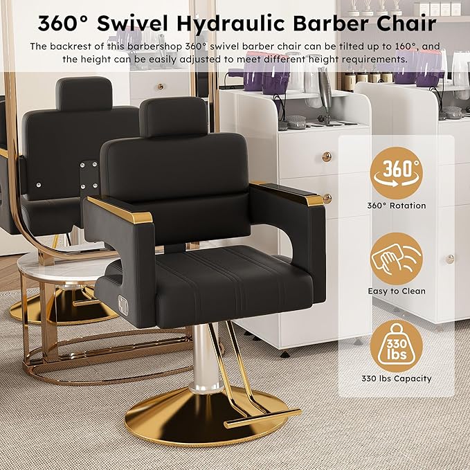 Barber Salon Chair, 360° Rolling Swivel Styling Hair Chair with Adjustable Height, Heavy Duty Hydraulic Pump & Reclining Backrest for Salon & Barber Shop(Black + Gold)