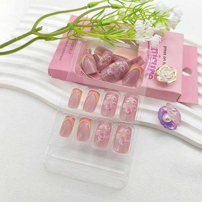Spring Press on Nails Square Medium Fake Nails with Flower Designs French Tip Nails Press ons Glossy Glue on Nails Nude Acrylic Nails Cute False Nails Summer Stick on Nails for Women 24Pcs