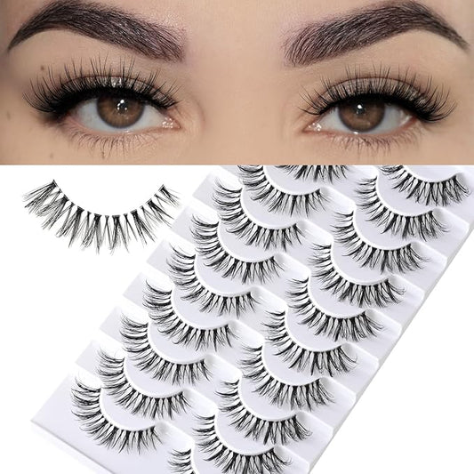 FARRED Cat Eye Lashes Natural False Eyelashes Wispy Mink Eye Lash Fluffy Wispies Eyelash Natural Look 10 Pairs Clear Band Fake Lashes Pack Volume Lash Strips Pestañas (Z10|8-14MM)
