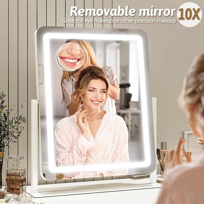22x18 Inch Vanity Mirror with Lights, 3 Color Dimmable LED Lighting, Smart Touch Control & 360° Rotation, Large Makeup Mirror for Bedroom, Dressing Room (White)