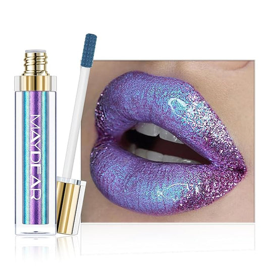 Maydear Chameleon Lipstick, High Pigmented for Women Metallic Shine Lip Gloss, Full-Coverage Multichrome Long Lasting Rainbow Makeup, Blue Purple