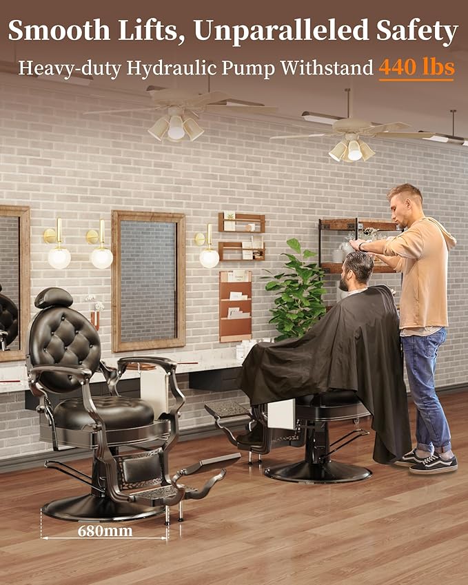 Baasha Classic All-Black Barber Chair, Retro Reclining Salon Chair with Thick Padding & Adjustable Headrest, Heavy-Duty Construction, Tattoo & Hair Chair