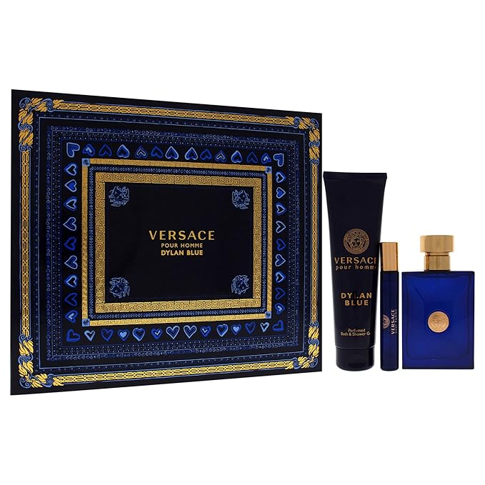Versace Dylan Blue by Versace for Men - 3 Pc Gift Set 3.4oz EDT Spray,0.3oz EDT Spray,5.0oz Bath and Shower Gel