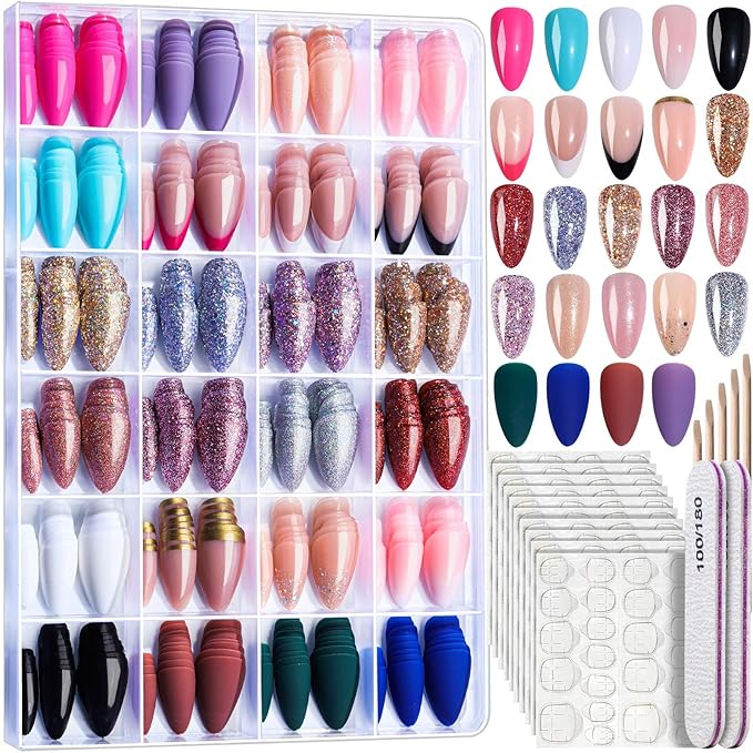 FANDAMEI Press on Nails, 24 Colors 576PCS Press on Nails Almond, Matte Glossy Press on Nails Short Almond, Glitter Fake Nails, Press on Nails French Tip Natural, Press on Nails for Nail Art
