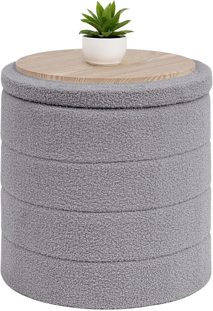 B FSOBEIIALEO Ottoman with Stroage, Round Sherpa Storage Ottoman Stool, Boucle Foot Rest 16.9"x16.9"x17.7"（Grey