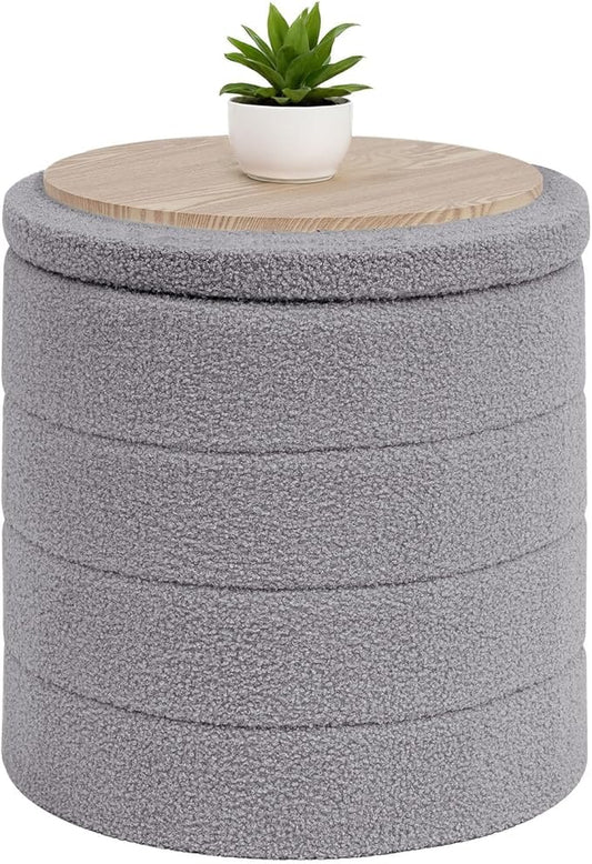 B FSOBEIIALEO Ottoman with Stroage, Round Sherpa Storage Ottoman Stool, Boucle Foot Rest 16.9"x16.9"x17.7"（Grey