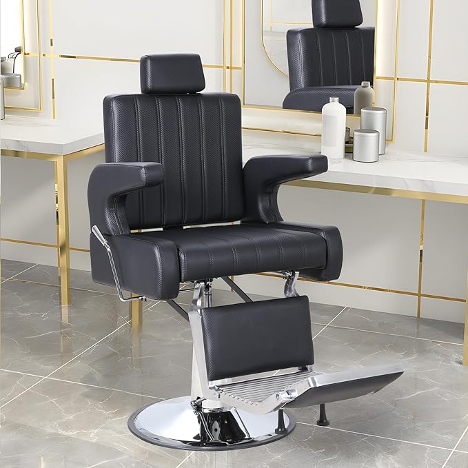 FHFO Barber Salon Hair Chairs for Barbershop, Hydraulic Barber Chair 360°Adjustable PU Leather Beauty Salon Chair for Barbershop Spa Black/Silver